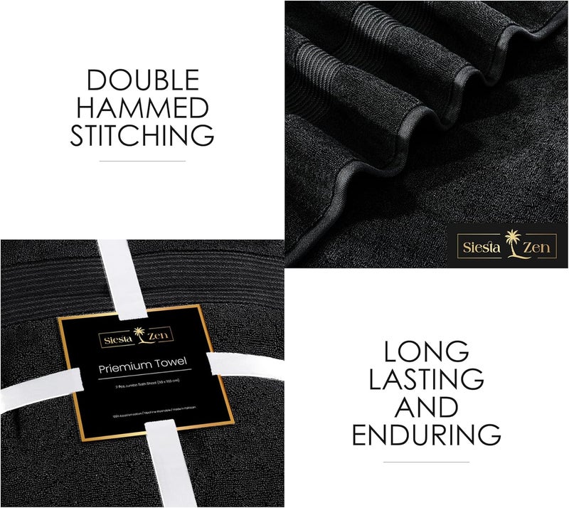 Siesta Zen Set of 2 Jumbo Bath Towels 600 GSM 100% Combed Cotton Extra Large (90x180cm) Black - Image 5